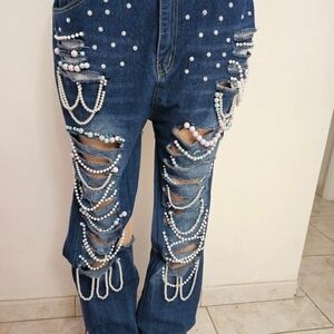 Pearl Embellished Blue Jeans